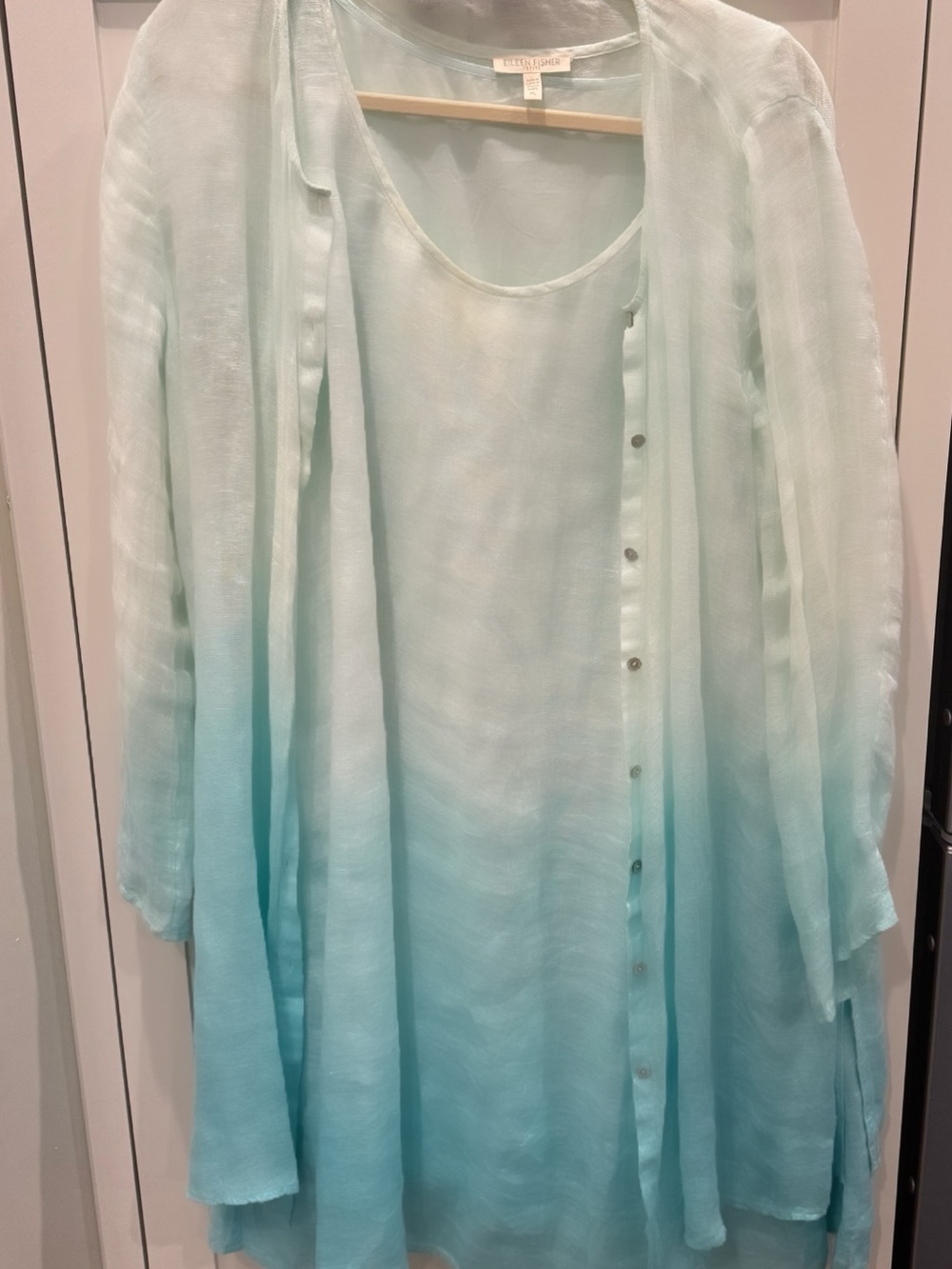 Eileen Fisher Mint-to-Aqua Ombre Sheer Button-Front Tunic